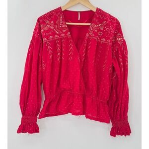Free People Red Gold Metallic Peasant Blouse Raw Hem Boho Sz‎ S, Western Cowgirl